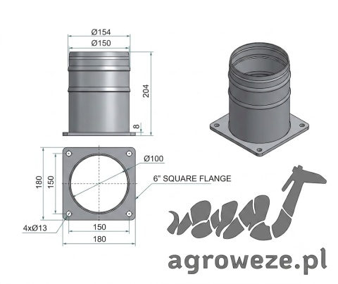 Złącze z kołnierzem 6" kwadr, króciec węża 152, rozstaw otw. 150x150mm