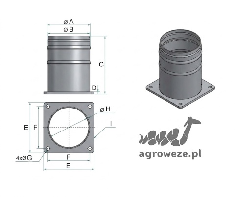 Złącze z kołnierzem 6" kwadr, króciec węża 159, rozstaw otw. 150x150mm