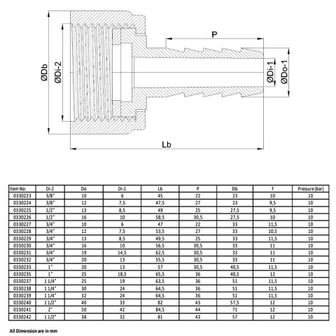 Końcówka węża 38mm x gw 1.1/2" Polipropylen 6bar